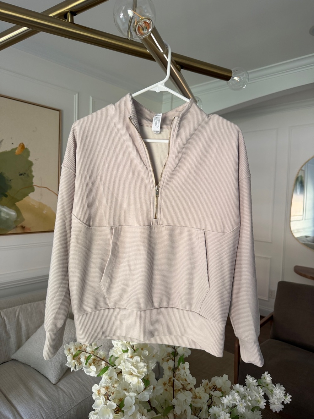 Ribbed Half-Zip Pullover - Light Beige